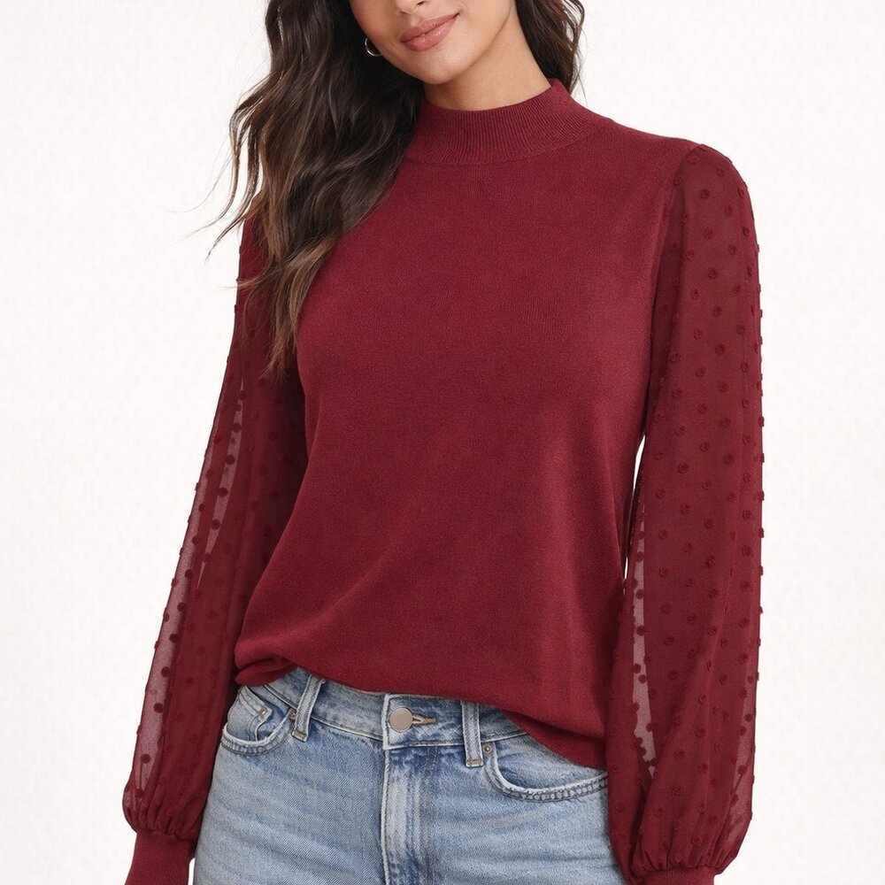 CeCe Burgundy Blouse Sheer Polka Dot Sleeves Mock Neck Top